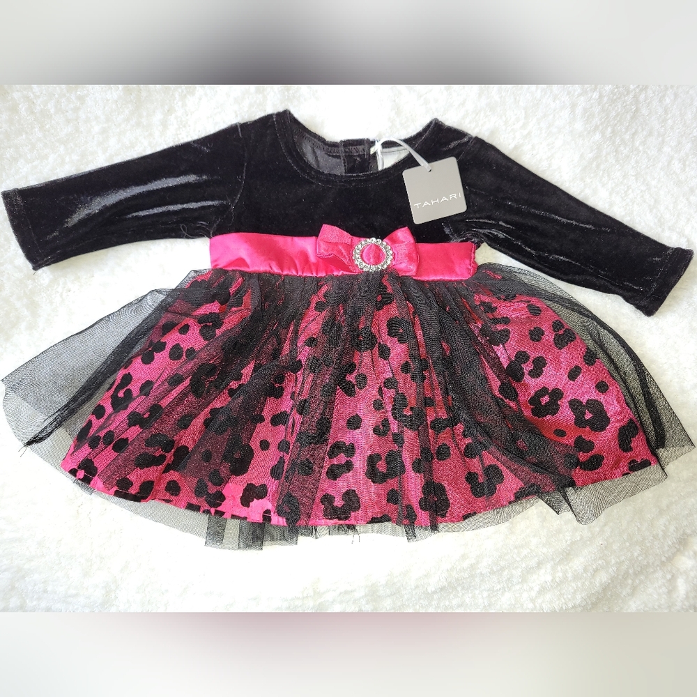 🆕️ Samantha Says Black Hot Pink Leopard Print Baby Dress w/ Bow Tulle 0-3 Month